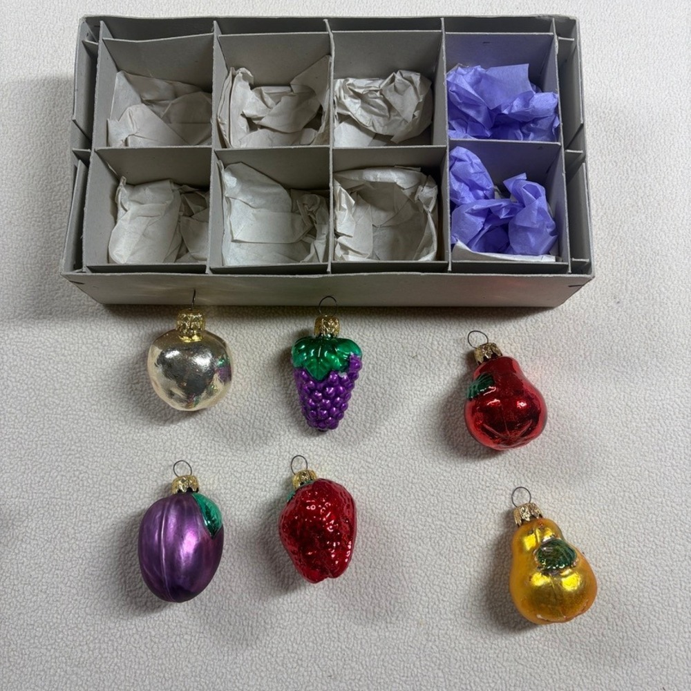 Vtg‎ German Glass Fruit Christmas Ornaments Set of 6 Strawberry Grape Pear Plum